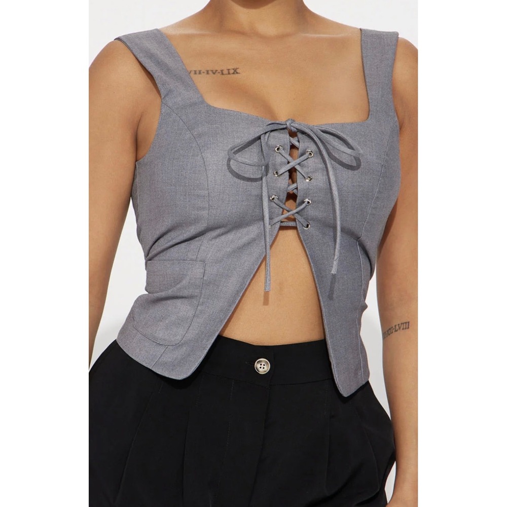 Emersyn Lace Up Corset Vest Women XL Grey Cutout Top Sold Out Hih Ratigs